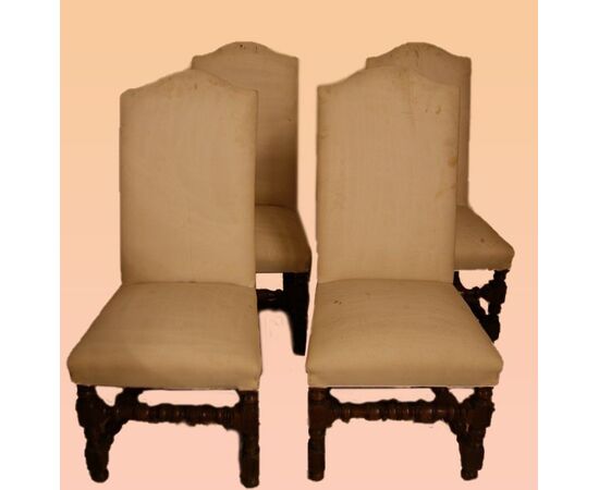 Gruppo di 4 antiche sedie a rocchetto italiane del 1700 in legno di noce