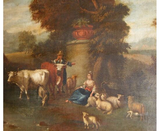 Antico quadro italiano del 1700 Olio su tela italiano del 1700 paesaggio con personaggi