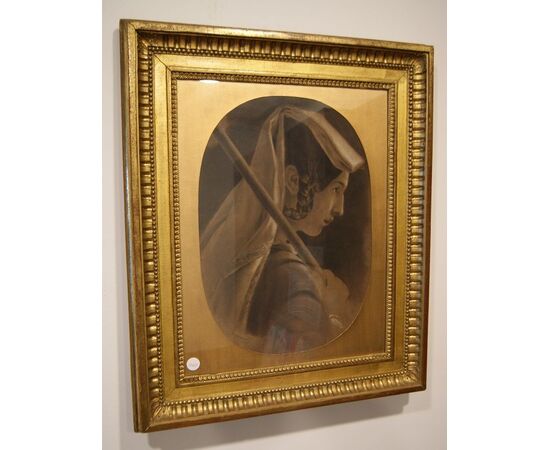 Antico pastello del 1800 raffigurante ritratto di dama con ombrello - Firmato