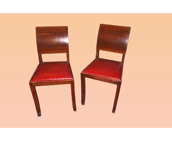 Gruppo di 6 sedie Stile Decò italiane in legno di palissandro e seduta in pelle