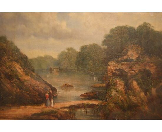Antico quadro del 1800 olio su tela paesaggio campestre con personaggi e corso d'acqua
