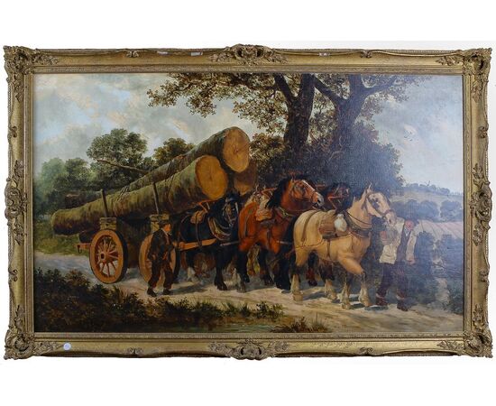 Antico grande quadro del 1800 olio su tela carro trainato da cavalli