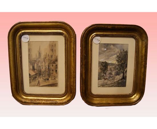 Coppia di antichi acquerelli francesi del 1800 raffigurante vedute cittadine