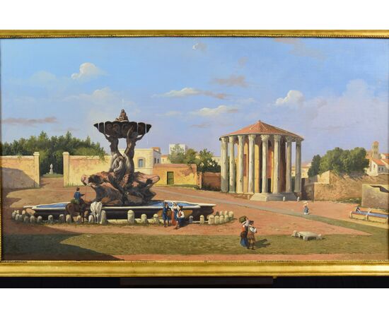 Veduta del foro Boario con la fontana di Bizzaccheri e il tempio di Vesta, pittore del XIX secolo