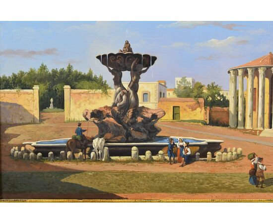 Veduta del foro Boario con la fontana di Bizzaccheri e il tempio di Vesta, pittore del XIX secolo