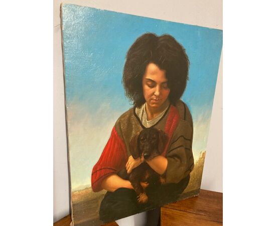 Dipinto di arte contemporanea Giancarlo Pignataro 1987 “ragazza con cane “ Mis 71 x 55 