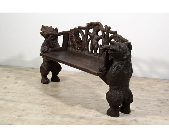 Panca in legno scolpito con orsi “Foresta Nera”, Brienz, Svizzera, XX secolo