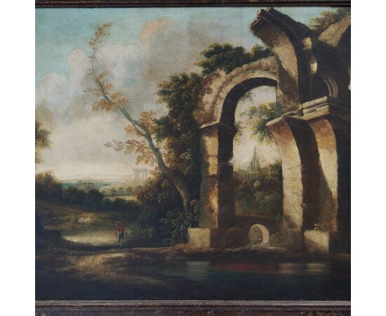 Dipinto olio su tela di paesaggio campestre con rovine classiche 