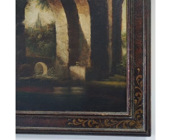 Dipinto olio su tela di paesaggio campestre con rovine classiche 