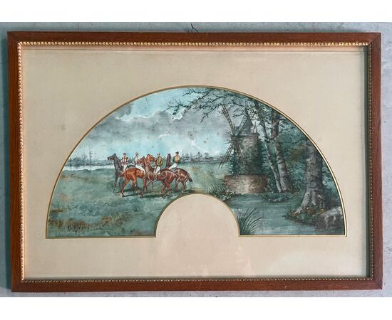 Coppia di dipinti a pastello a forma di ventaglio  raffiguranti uomini a cavallo in campagna.Firmati.