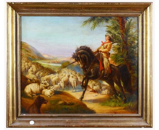 Antico quadro inglese del 1900 firmato olio su tela inglese "Pastore con gregge"