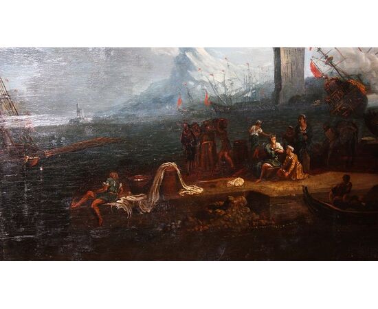 Antico dipinto olio su tavola del 1600 attribuito al pittore olandese van der Cabel (1631-1705)