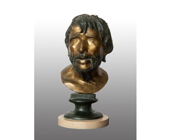 Scultura antica in bronzo raffigurante testa del filosofo Seneca. Napoli XX secolo.