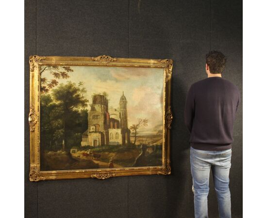 Antico dipinto francese olio su tela paesaggio del XVIII secolo