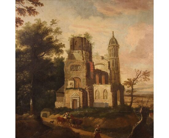 Antique French oil on canvas landscape painting from the 18th century