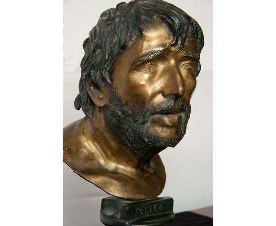 Scultura antica in bronzo raffigurante testa del filosofo Seneca. Napoli XX secolo.
