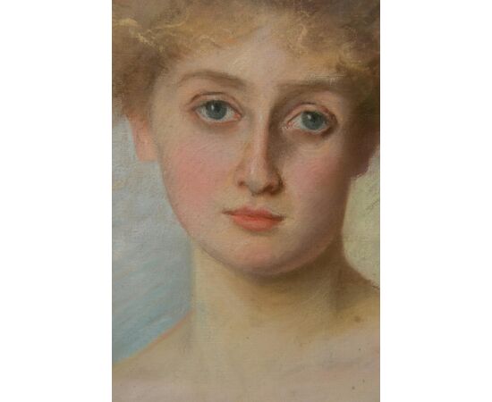 Pretty Portrait of Young Woman, Old Pastel on Cardboard     