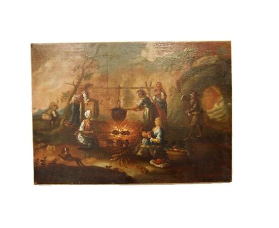 Olio su tela del 1700 italiano Focolare all'aperto con personaggi