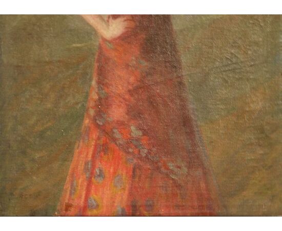 Antico quadro del 1900 olio su tela "Donna con vestito rosso"
