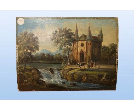 Antico piccolo dipinto olio su tavoletta inglese del 1800 castello con personaggi