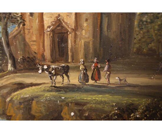 Antico piccolo dipinto olio su tavoletta inglese del 1800 castello con personaggi