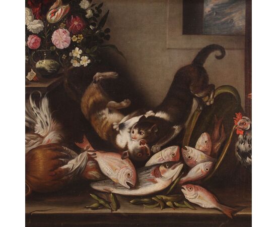 Great painting from the 18th century still life with animals, flowers and fruit
