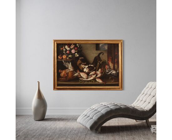 Grande dipinto del XVIII secolo natura morta con animali, fiori e frutta 