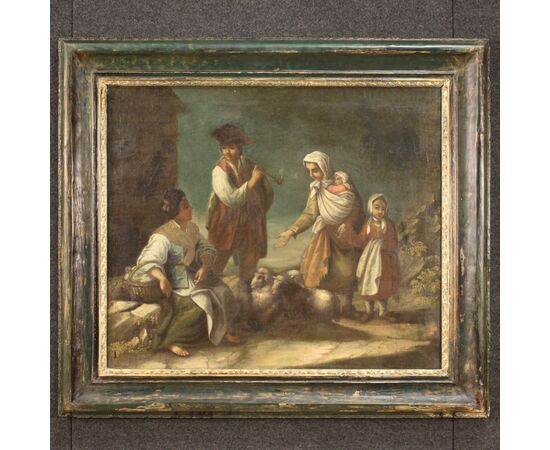 Antique painting from 18th century genre scene with characters 