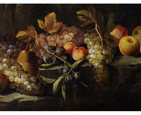 Maestro Romano, del XVII° secolo Natura morta di frutta all’aperto