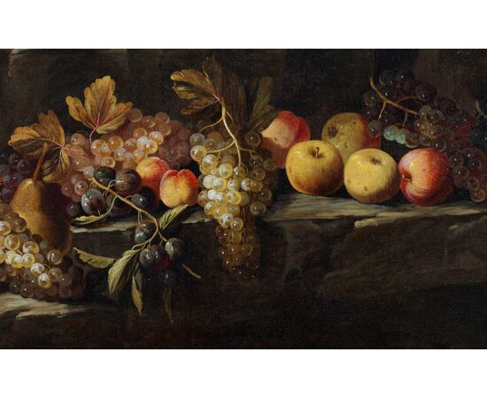 Maestro Romano, del XVII° secolo Natura morta di frutta all’aperto