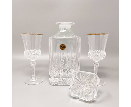 1970s Gorgeous Crystal Decanter with 2 Crystal Glasses by RCR. Made in Italy