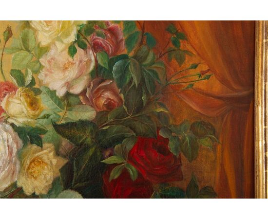 Dipinto "Vaso di rose sullo sfondo di una tenda" - O/3890 -