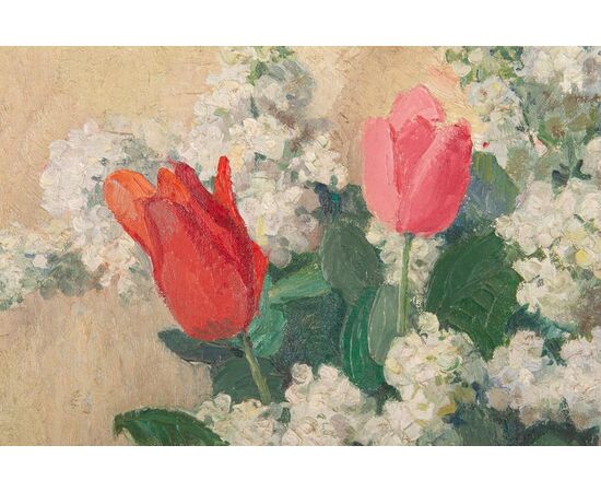 Dipinto francese con vaso di tulipani - O/8173 -