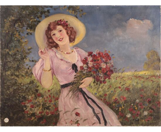 Olio su tela ragazza con fiori di inizio 1900