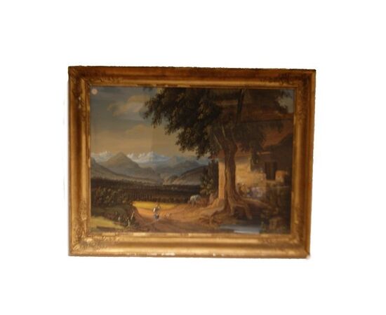Acquerello del 1800 francese "Paesaggio campestre con personaggi" Ora del pranzo
