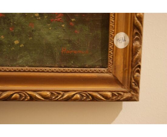 Antico quadro del 1800 olio su tela paesaggio campestre con corso d'acqua