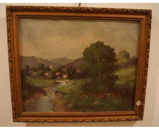 Antico quadro del 1800 olio su tela paesaggio campestre con corso d'acqua