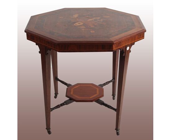 Tavolino ottagonale inglese stile Vittoriano in noce con intarsi del 1800