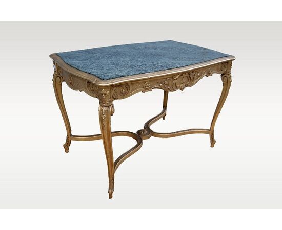 Antico tavolo da salotto del 1800 stile Luigi XV dorato foglia oro e con marmo verde alpi