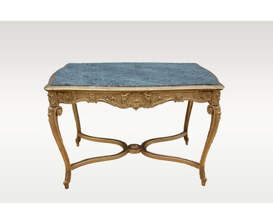 Antico tavolo da salotto del 1800 stile Luigi XV dorato foglia oro e con marmo verde alpi