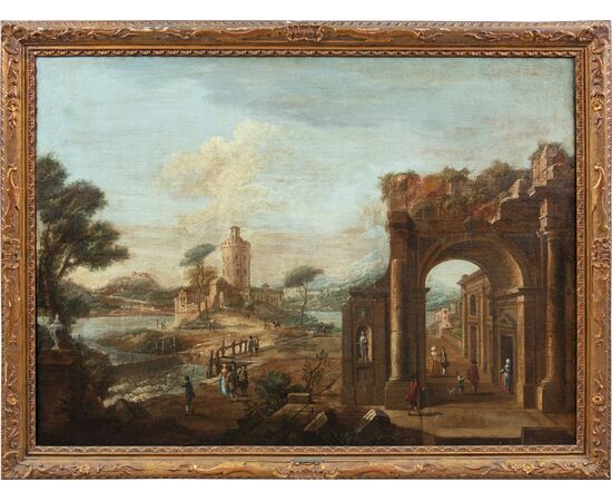 Francesco Battaglioli (Modena 1710 ca. - Venezia post 1796) - Capriccio architettonico con personaggi.