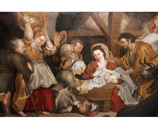 Olio su tela di inizio 1700 Raffigurante Adorazione del Bambin Gesù con Pastori e Donne Scuola Fiamminga