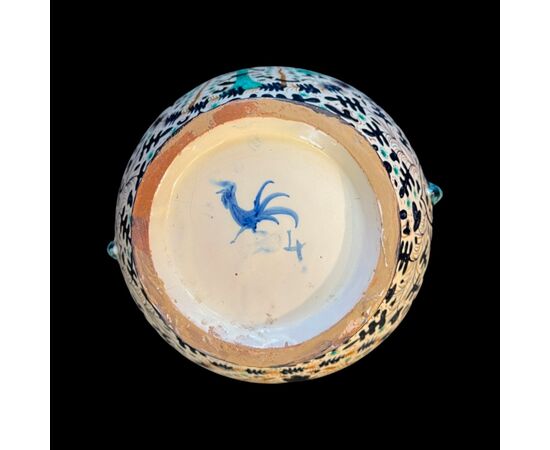 Coppia di grandi vasi idrie in maiolica con decoro stile rinascimentale  a zaffera e mascheroni.Manifattura Cantagalli,Firenze