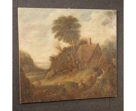 Dipinto fiammingo olio su tela paesaggio di campagna del XIX secolo