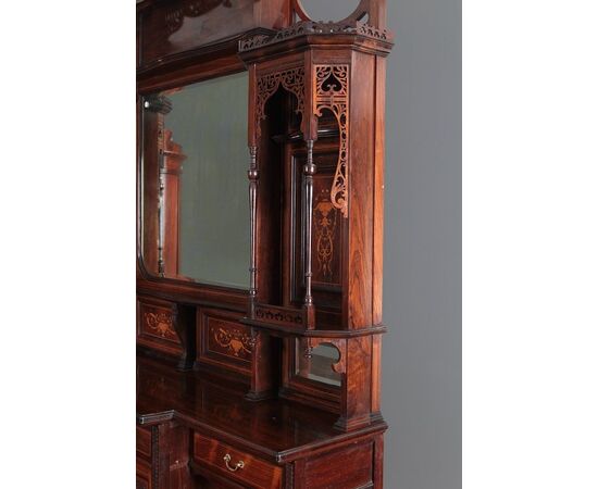 Cabinet credenza doppiocorpo in legno di palissandro con intarsi stile Vittoriano del 1800