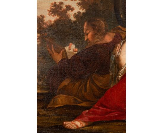 Dipinto antico olio su tela raffigurante il riposo dalla fuga in Egitto. Napoli XVIII secolo.