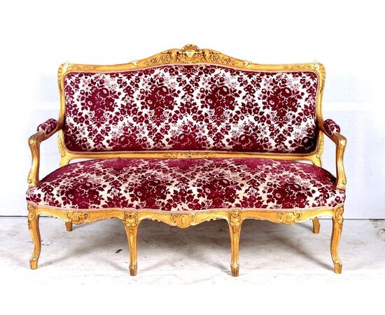 Antico salotto 3 pezzi Luigi XV dorato del 1800 divano con poltrone