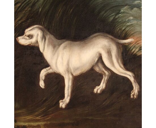 Antico dipinto francese del XVIII secolo paesaggio con cani