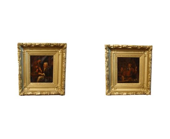 Coppia di antichi dipinti oli su tela del 1800 francesi scena di interni con personaggi