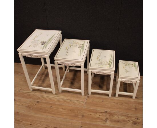 Four French lacquered and painted coffee tables 